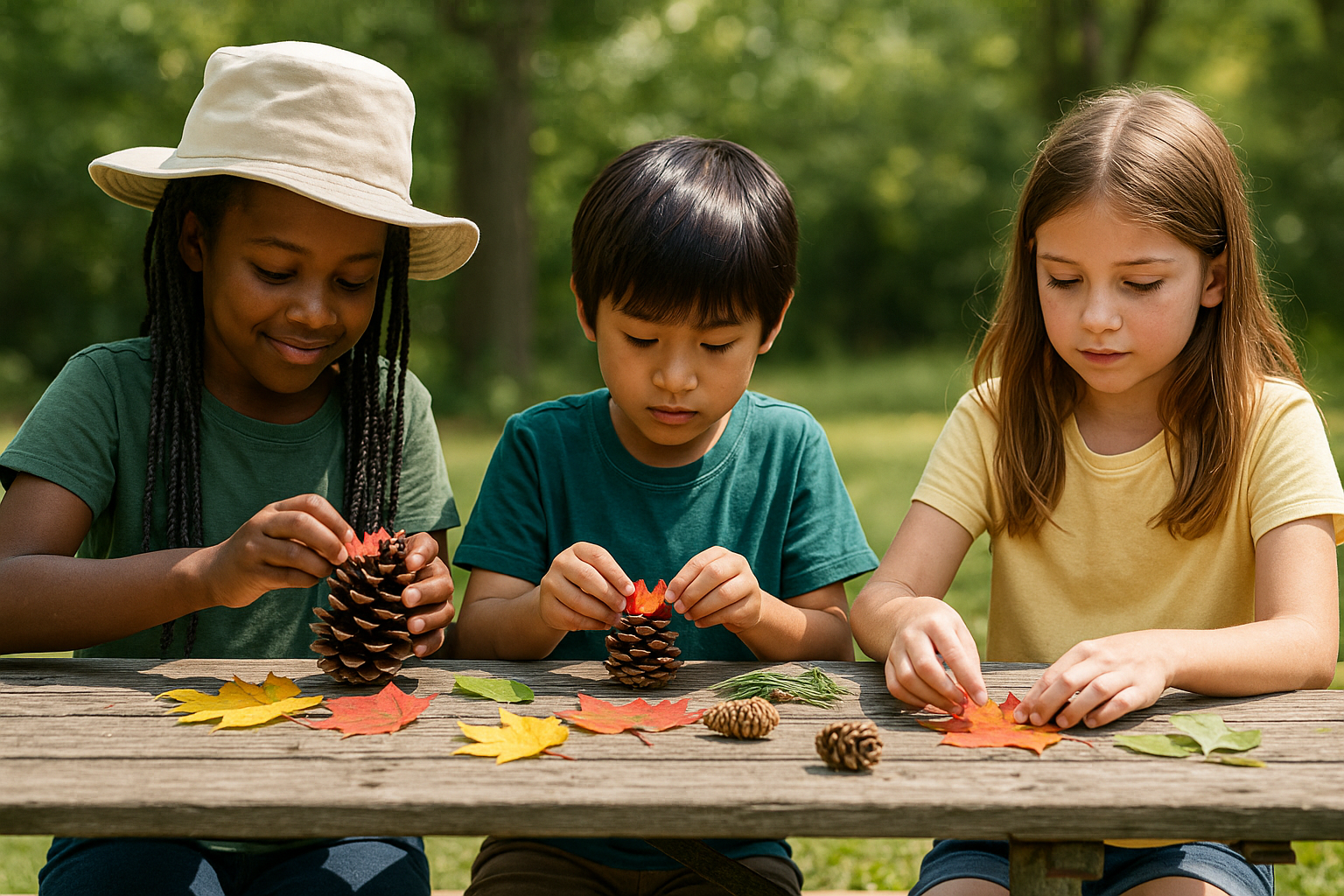 Three young children of diverse backgrounds sitting at a rustic outdoor table, crafting with natural materials like leaves and pinecones.