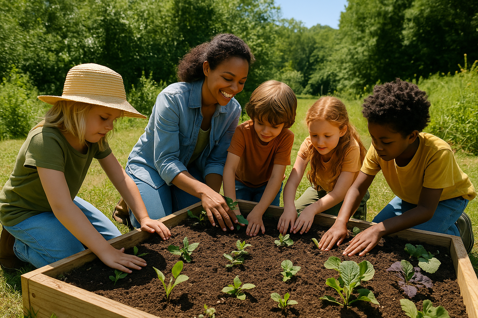 Campers plant vegetables together in a sunny garden bed.